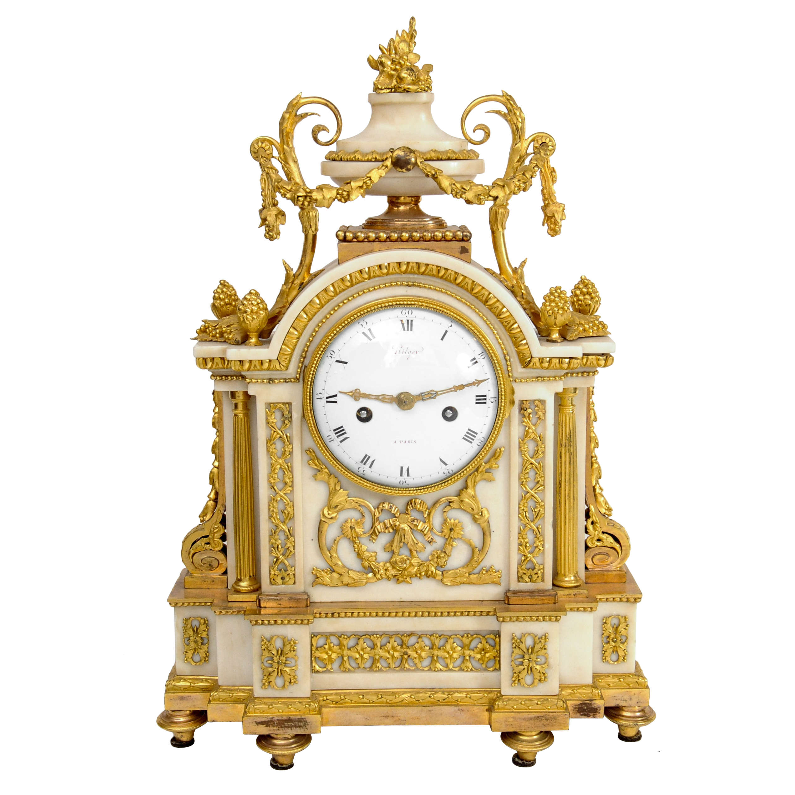 A good French Louis XVI ormolu mounted marble mantel clock 'au borne' by Hilger A Paris, circa 1780, height 52cm.